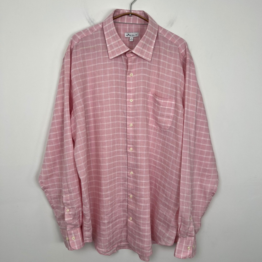 Peter Millar Mens Pink White Plaid Long Sleeve Button Up Shirt XL Linen Blend